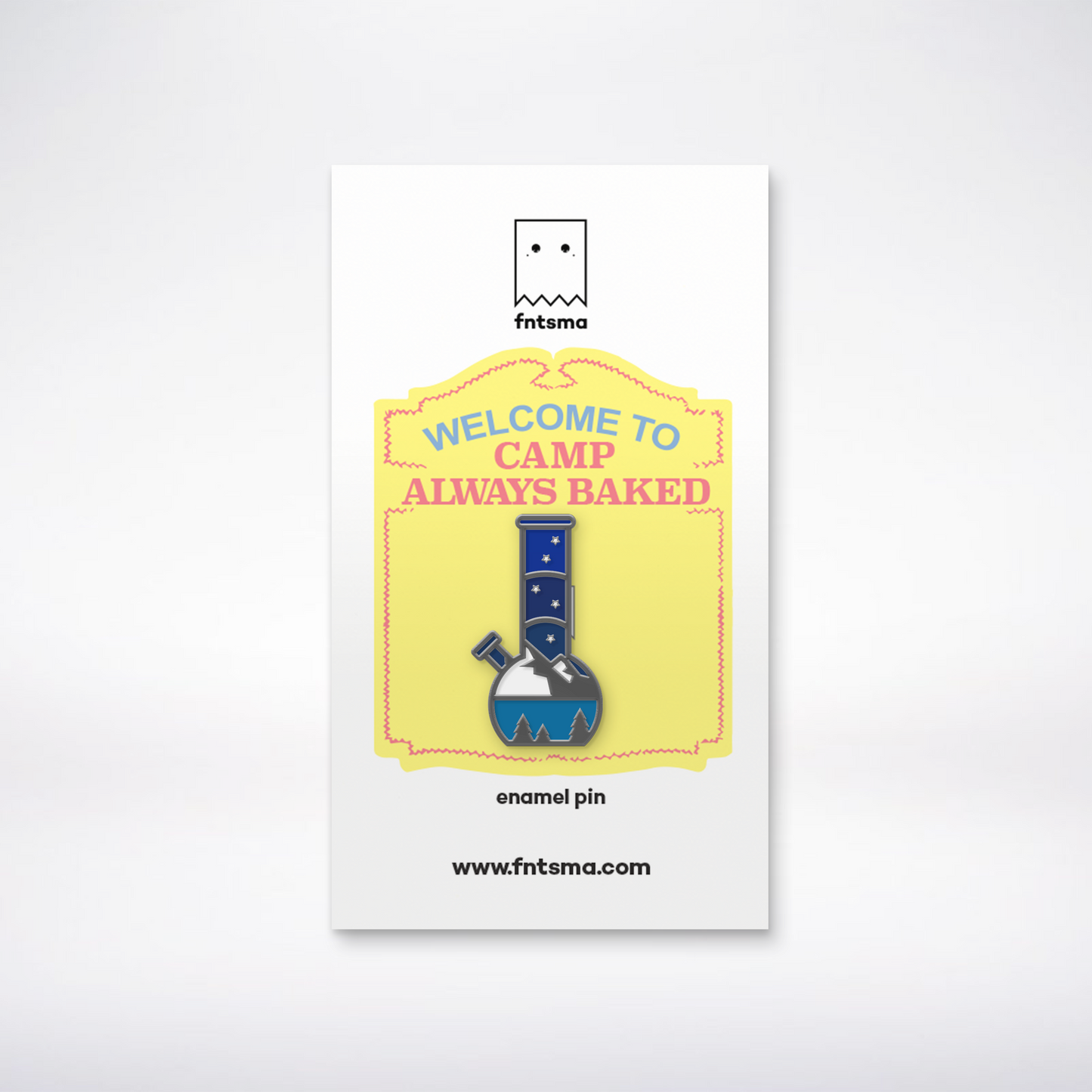 night forest bong enamel pin with a camp always baked backing by fntsma