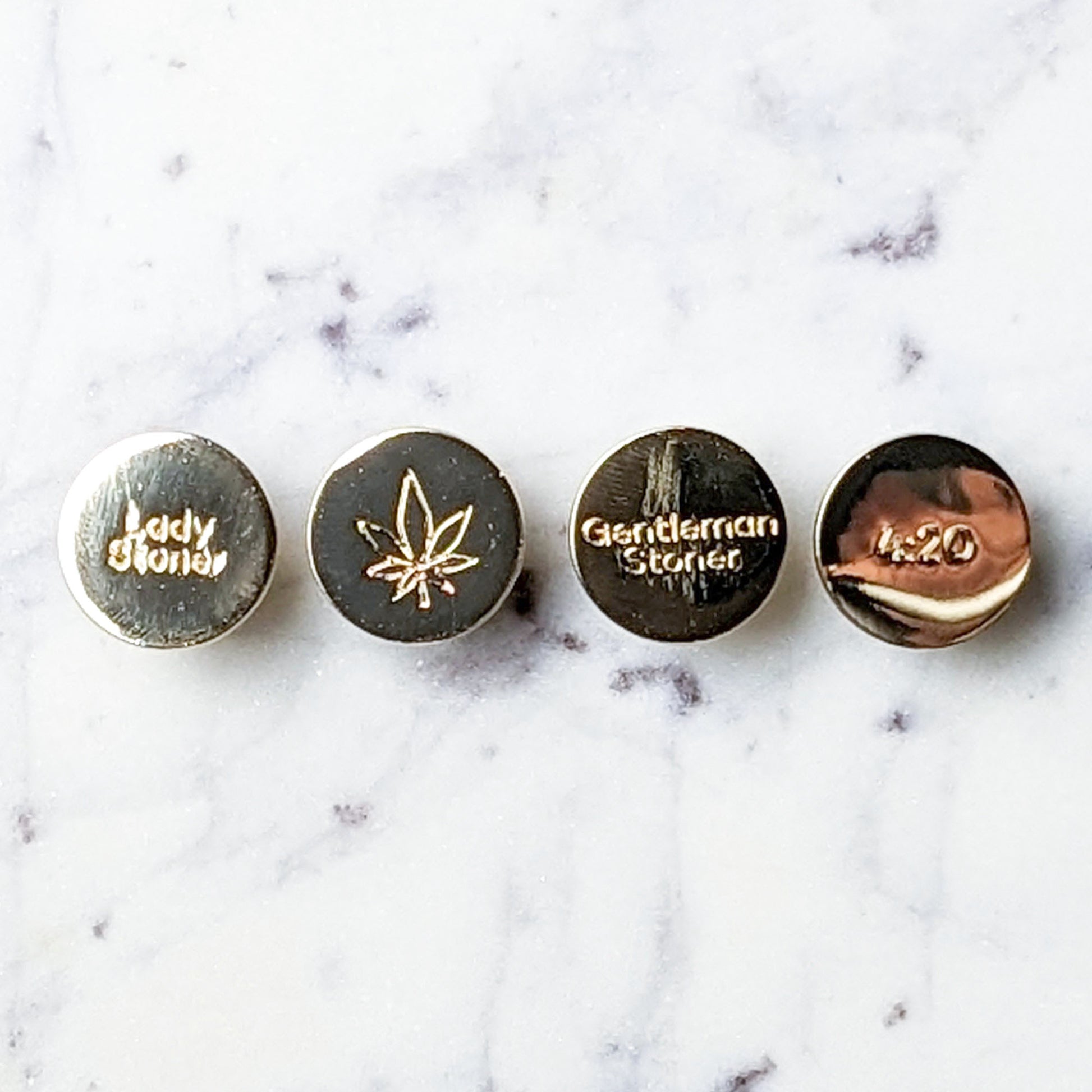 four gold button enamel pins - lady stoner, planta, gentleman stoner and 4:20 